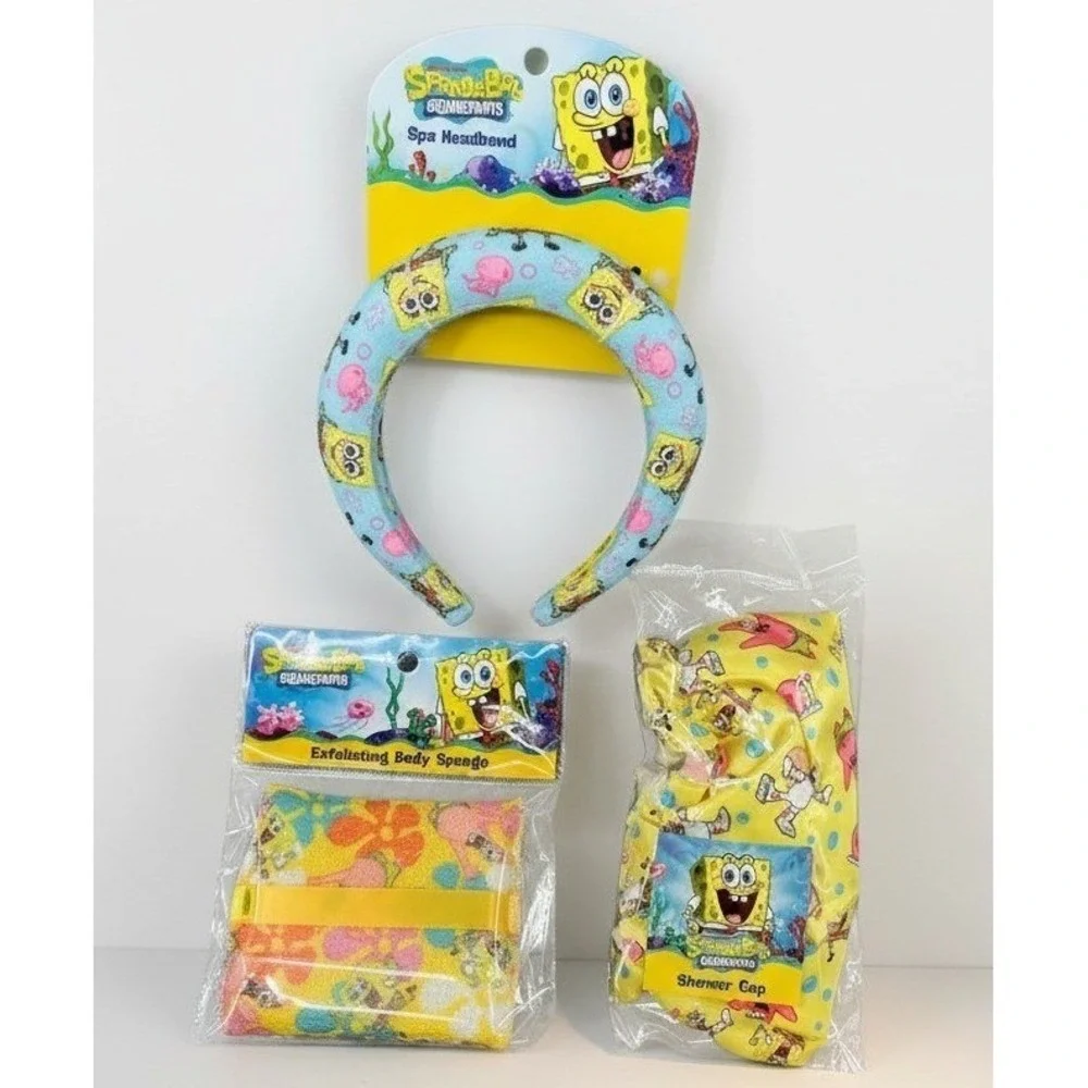 SpongeBob‎ SquarePants Kids Bath Set Bundle Spa Headband Sponge Shower Cap NWT